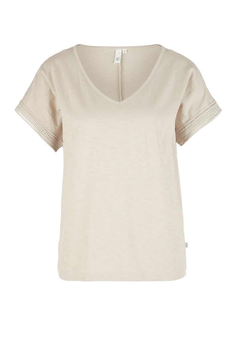 Beige short-sleeve shirt with V-neck and decorative lace trim on sleeves, lightweight fabric, casual style.