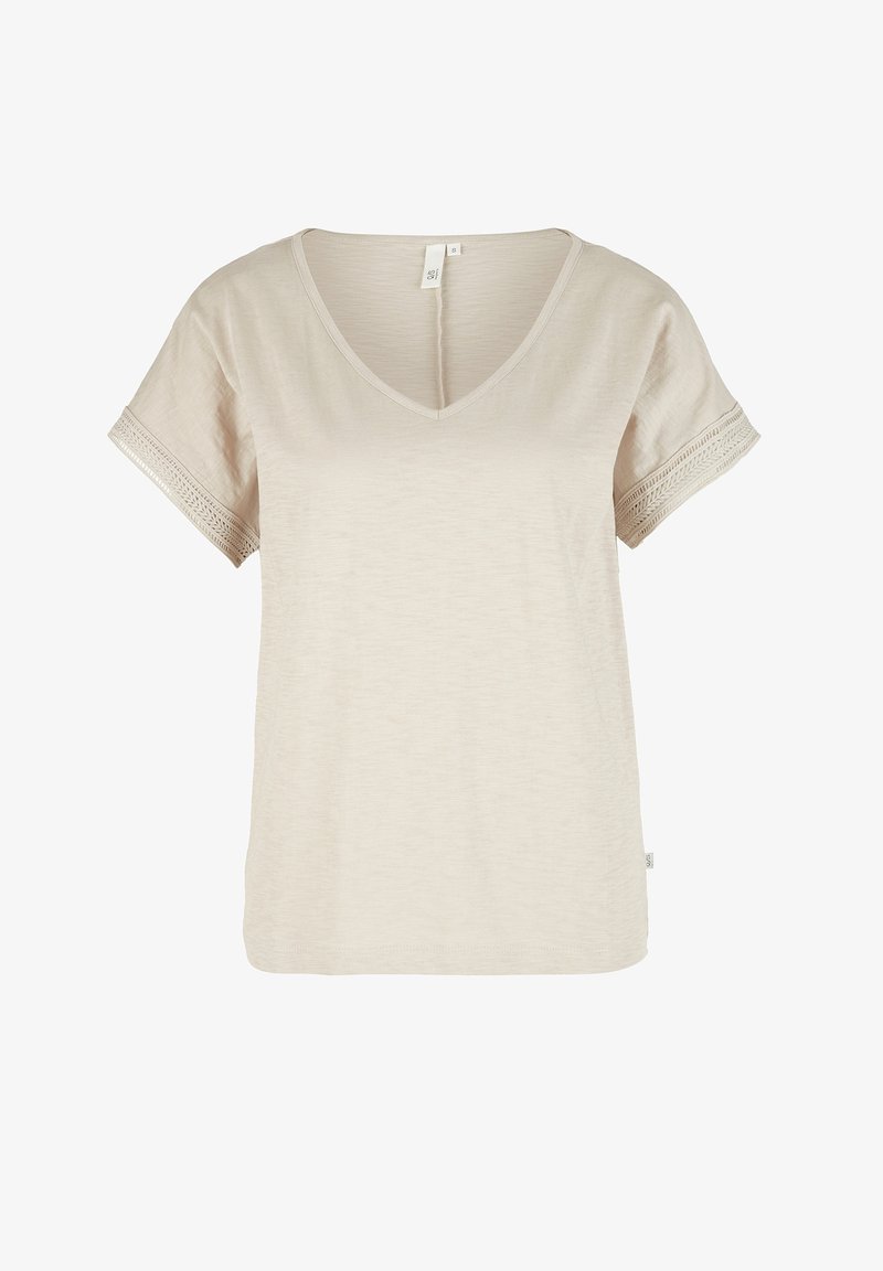 Beige short-sleeve shirt with V-neck and decorative lace trim on sleeves, lightweight fabric, casual style.