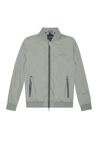 Giacca bomber grigia chiara con zip frontale, polsini e orlo a costine, due tasche laterali con zip e colletto alto. Realizzata in materiale leggero.