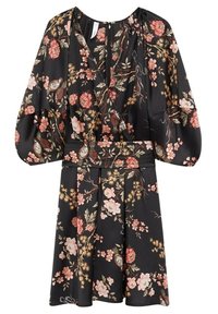 Vestido negro floral con escote en V, mangas abullonadas largas y cintura ceñida. Presenta patrones florales en rosa y dorado y está confeccionado en una tela ligera.