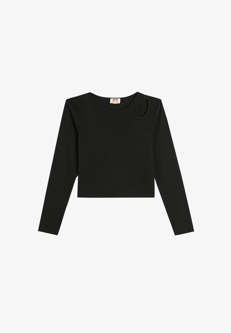 Black long-sleeve cropped top made of ribbed fabric, featuring a round neckline and a distinctive circular cutout on one shoulder.