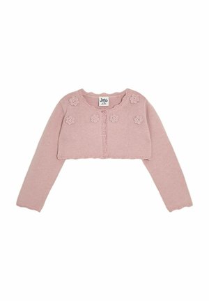 Roze cropped cardigan van textuurgebreid stof, met bloemenapplicaties, een ronde halslijn en een sluiting met knopen aan de voorkant.