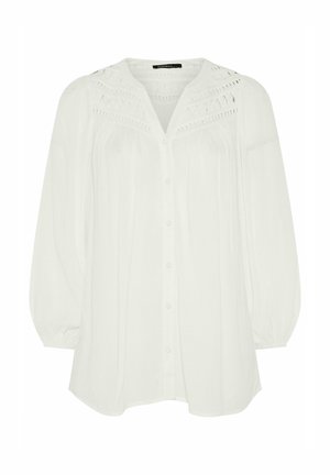 Weiße Langarmbluse mit Knopfleiste, Spitzenbesatz am Einsatz, lockerem Schnitt und elastischen Bündchen.