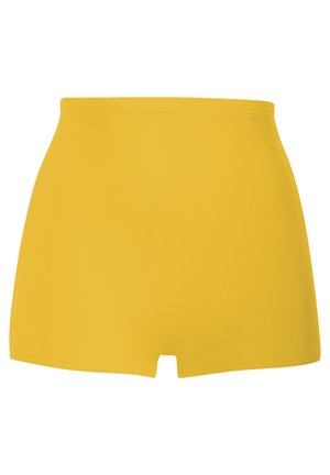 Dzelteni riboti augsta jostasvieta šorti ar gludu tekstūru un tīrām līnijām. Ir elastīga jostasvieta un vidusceļa garuma dizains.