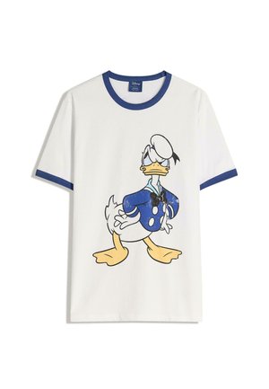 White cotton t-shirt with blue ringer collar. Features a graphic print of a cartoon duck in blue attire and a bow tie.
