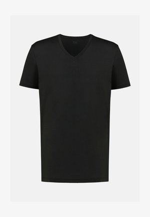 Musta V-paituus pehmeästä kankaasta, lyhyillä hihoilla ja rentoa istuvuutta. Sileä pinta ja vahvistetut saumat kestävyyden takaamiseksi.