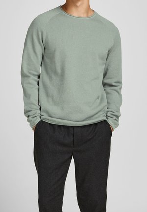 Mann trägt einen hellgrünen Pullover mit langen Ärmeln und dunkelgraue Hose, die Hände in den Taschen, steht vor einem einfarbigen Hintergrund.