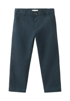 Pantalon en coton bleu foncé avec bouton à l'avant et passants pour ceinture, doté de deux poches latérales et d'une coupe droite.