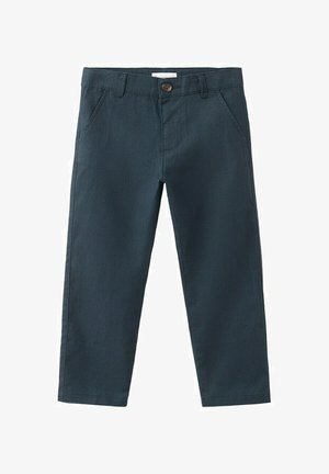 Mørkeblå bomuldsbukser med knap foran og bæltestropper, der har to sidelommer og et lige ben design.