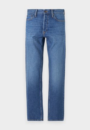 Blaue Jeans aus Denim mit geradem Schnitt, klassischem Fünf-Taschen-Design, kupferfarbener Naht und einem ausgewaschenen Finish für einen eingelaufenen Look.