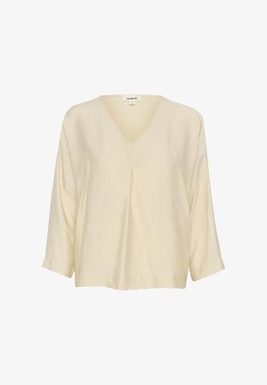 Kreemi värvi pluus V-kaelusega ja kolmeveerandi pikkuste varrukatega. Pehme, tekstureeritud kangas ja mugav lõige, kaeluses on tagasihoidlik voldikute detail.