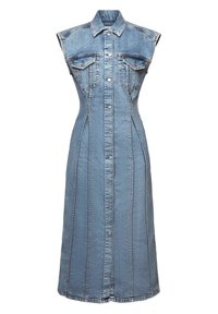 Jeansklänning utan ärmar med krage, knappstängning fram och två bröstfickor. Har vertikal sömdekor och en insvängd midja.