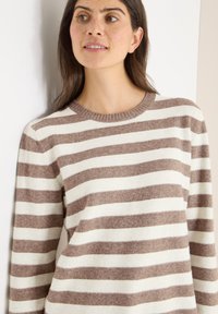 Maglione a righe marrone e bianco con scollo rotondo, tessuto morbido e maniche lunghe. Presenta una vestibilità comoda e dettagli sottili a coste.