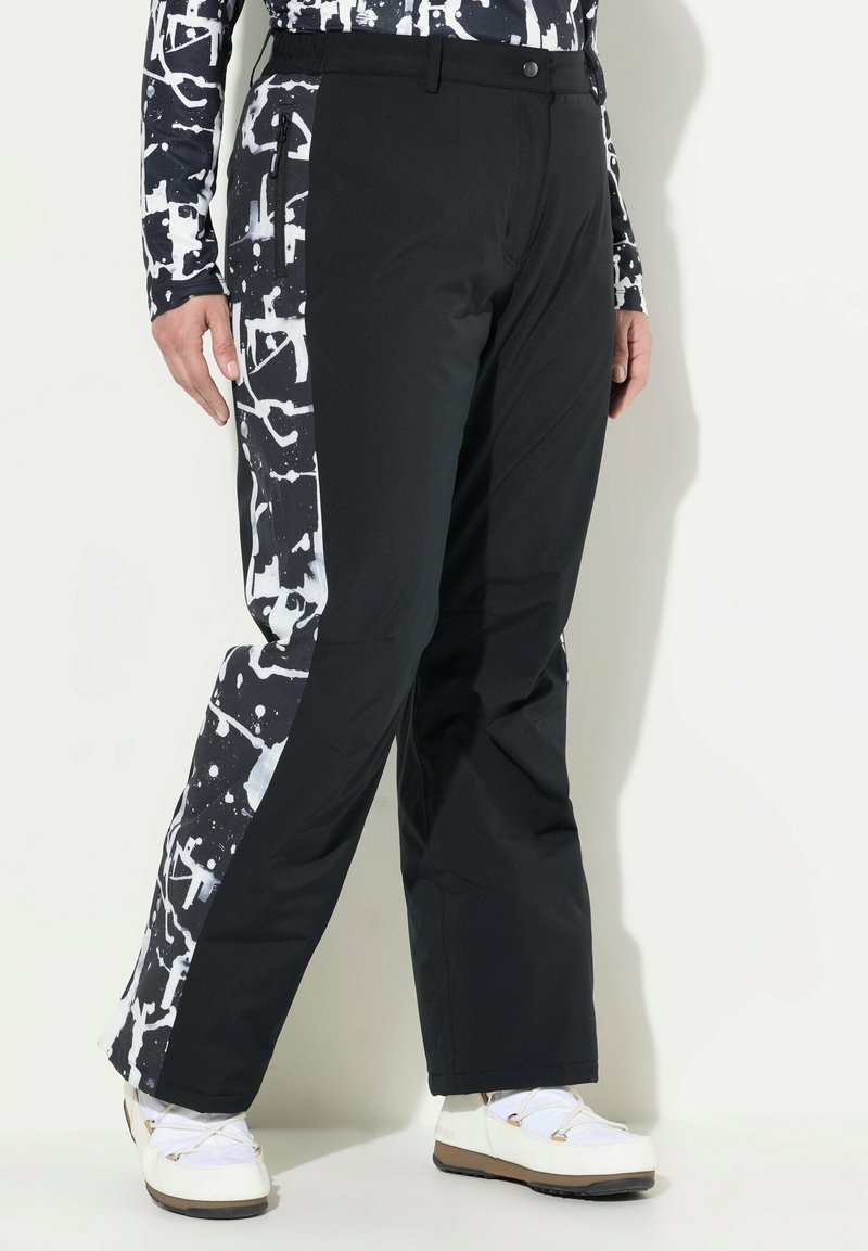 Schwarze Hose mit einem weißen abstrakten Muster auf der linken Seite, aus einem flexiblen Material hergestellt, mit einer Reißverschlusstasche und einem lockeren Schnitt.
