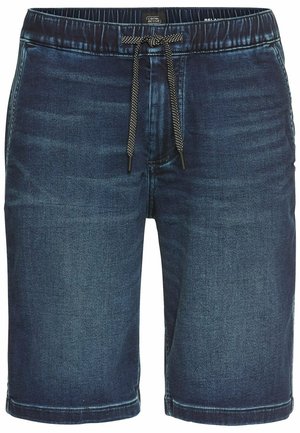 Denim shorts featuring a dark blue hue, elastic waistband with drawstring, and a relaxed fit. Smooth texture with a classic design.