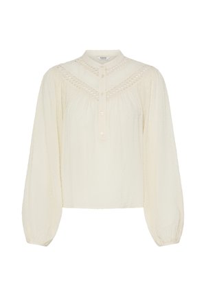 Crème kleurige blouse met lange mouwen en knopen aan de voorkant, delicate kanten rand op het beleg en geplooide stof voor een losse pasvorm.