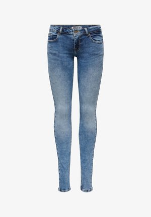 Skinny blue denim jeans with a faded wash, five pockets, and a button closure. Featuring subtle stitching and a narrow leg opening.