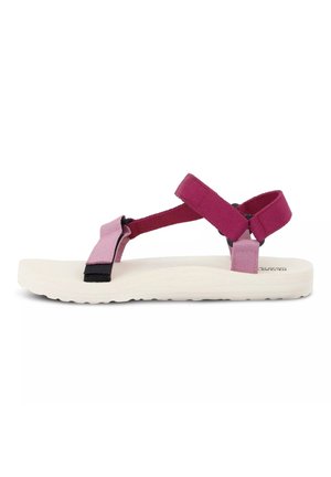 Sandalia plana con suela blanca y tiras de tela ajustables en rosa y burdeos vista de lado sobre fondo blanco.
