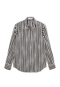 Knoopshirt in een crèmekleurige en marineblauwe gestreepte print; voorzien van een kraag, lange mouwen en een ontspannen pasvorm met een gebogen zoom.