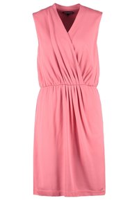 Mouwloze roze jurk tot op de knie met V-hals, geplooide taille en overlappende plooien op het voorpand.