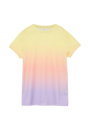 Krótki rękaw, t-shirt z okrągłym dekoltem, z gradientowym przejściem kolorów od żółtego u góry przez różowy do fioletowego na dole.