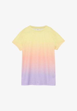 Krótki rękaw, t-shirt z okrągłym dekoltem, z gradientowym przejściem kolorów od żółtego u góry przez różowy do fioletowego na dole.