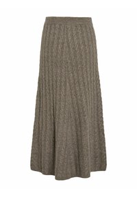 Brede gebreide midi-rok in taupe, met een ribbelstructuur en een kabelpatroon. Elastische tailleband voor een comfortabele pasvorm, uitlopende zoom.