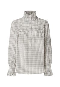 Blouse à manches longues à carreaux gris clair avec col haut à volants et poignets à volants, présentant une coupe ample et des boutons cachés sur le devant.