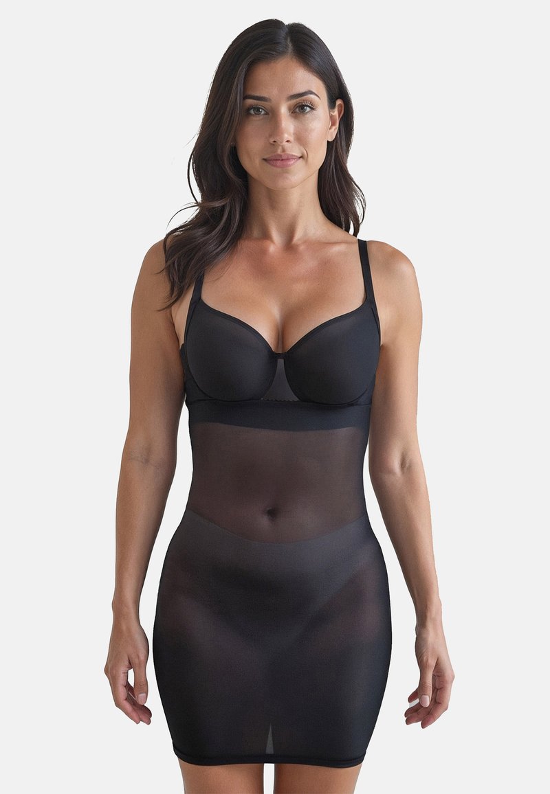 Rete nera modellante slip con spalline regolabili, corpo aderente e design senza cuciture, che si estende fino a metà coscia.