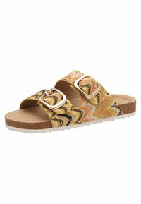 Sandal s ključnim potplatima s dva prilagodljiva zlatna kopčanja, s vibrantnim, šarenim pletenim gornjim dijelom u žutim, ružičastim i crnim cik-cak uzorcima.