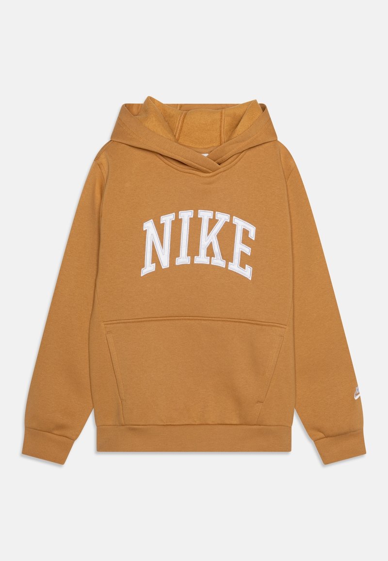 Nike hoodie i senapsgul färg, med en vit logotyp över bröstet, långa ärmar, känguruficka och ribbad mudd samt nederkant.