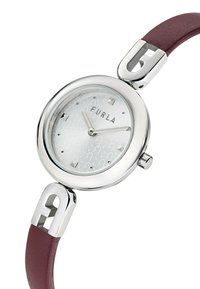 Montre ronde en acier argenté avec un cadran blanc à motifs, arborant des index horaires argentés, et un bracelet en cuir bordeaux avec une boucle en argent.