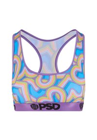 Soutien-gorge de sport avec un motif abstrait multicolore comportant des courbes et des lignes, principalement bleu, rose et vert. Bordure violette et bande logo noire.