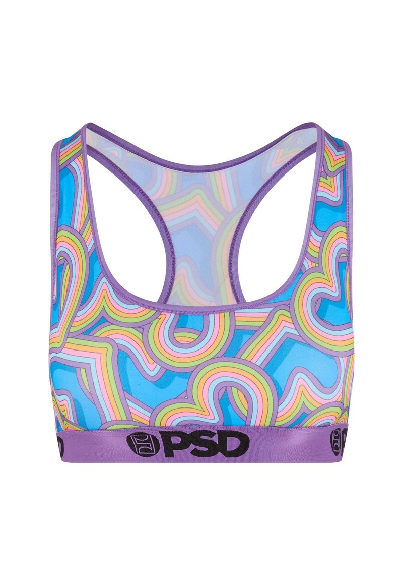 Soutien-gorge de sport avec un motif abstrait multicolore comportant des courbes et des lignes, principalement bleu, rose et vert. Bordure violette et bande logo noire.
