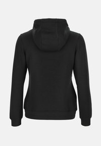 Zwarte lange mouwen hoodie met een grote capuchon, geribde manchetten en een dubbele zoom, getoond vanaf de achterkant op een effen achtergrond.