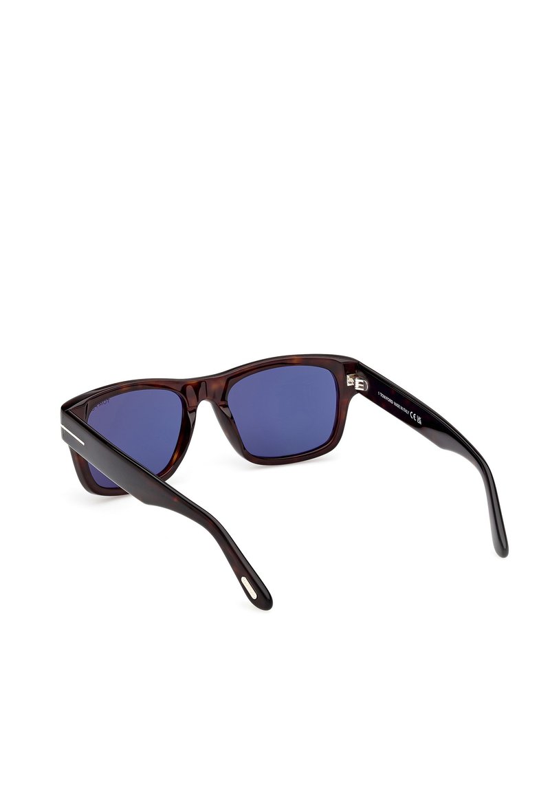 Dark tortoiseshell rectangular sunglasses with blue lenses and wide temples, shown angled against white background.