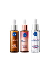 Three glass dropper bottles: amber for Vitamin C, pink for Bakuchiol, and clear for Hyaluron. Each features a white dropper and blue branding.