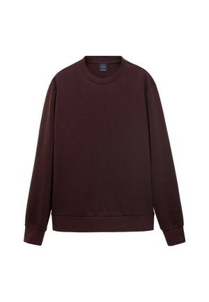Maroon sweatshirt in soft fabric, featuring a round neckline, long sleeves, and a ribbed hem. Simple, solid color, no patterns or embellishments.