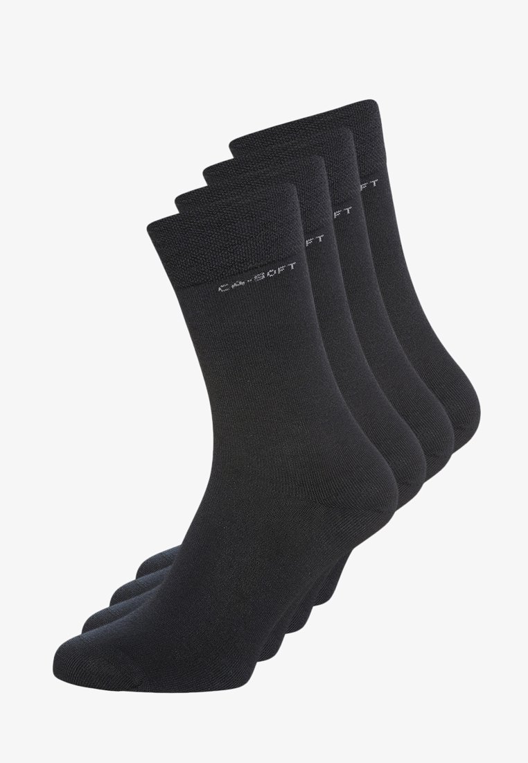 Black crew socks, made from a smooth, soft material, featuring a ribbed cuff and subtle branding near the top. Set of four pairs.