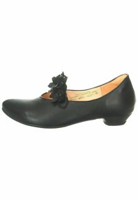 Schwarzer Lederschuh mit runder Zehenform und niedrigem Absatz. Auffälliges strukturiertes Blumenakzent in der Nähe der Zehen und eine glatte Innenauskleidung.