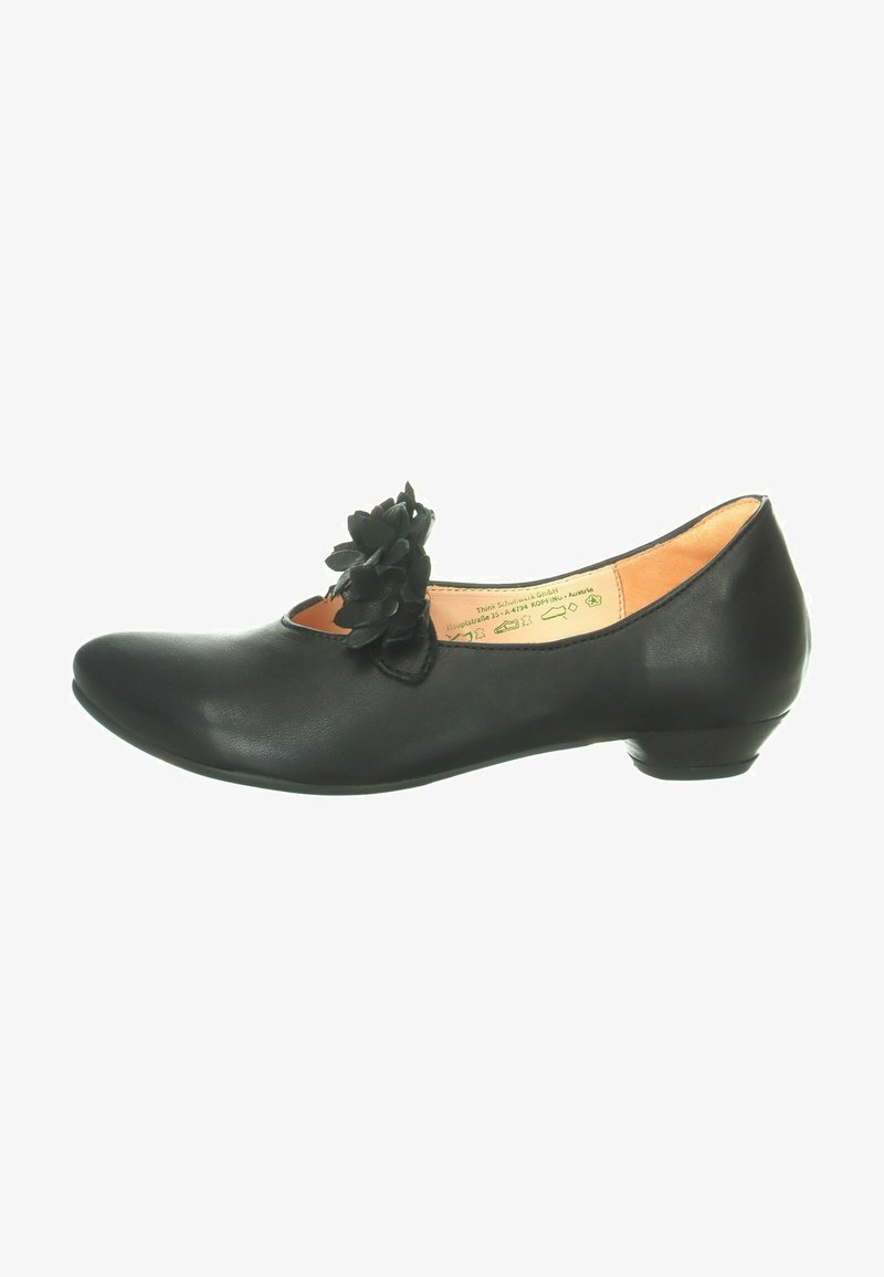 Schwarzer Lederschuh mit runder Zehenform und niedrigem Absatz. Auffälliges strukturiertes Blumenakzent in der Nähe der Zehen und eine glatte Innenauskleidung.