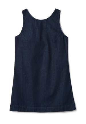 Ärmelloses, dunkelblaues Denim A-Linien-Kleid mit Rundhalsausschnitt und schlichtem, klarem Design.