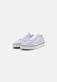 Light purple suede sneakers with white leather accents, white laces, and a black-striped sole. Rounded toe, low profile design.