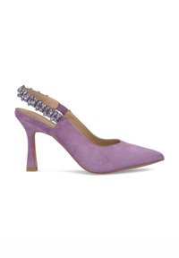 Pump slingback in suede lavanda con punta affusolata, tacco a stiletto di 5 cm e cinturino decorato con cristalli finti sul retro.