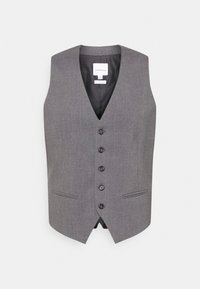 Szary kamizelka z dekoltem w kształcie litery V, sześcioma guzikami z przodu i dwiema bocznymi kieszeniami. Wykonana z teksturowanej tkaniny z gładką podszewką.