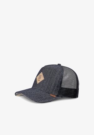 Blau- und graue strukturierte Kappe mit einem soliden Frontpanel, Netzrücken und einem diamantenförmigen Lederpatch mit geprägt Design.