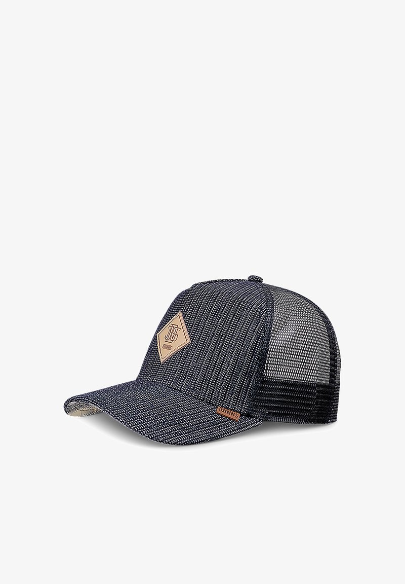 Blue and gray textured cap with a solid front panel, mesh back, and a diamond-shaped leather patch featuring embossed design.