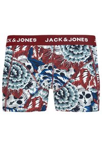 Boxers avec un motif floral en bleu, rouge et blanc, avec une taille bordeaux portant le nom de la marque "JACK & JONES."