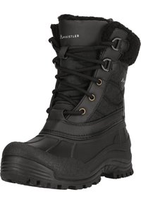 Botas de invierno impermeables negras con una suela de goma texturizada, parte delantera con cordones, cuello de piel sintética y puntera reforzada para mayor durabilidad.