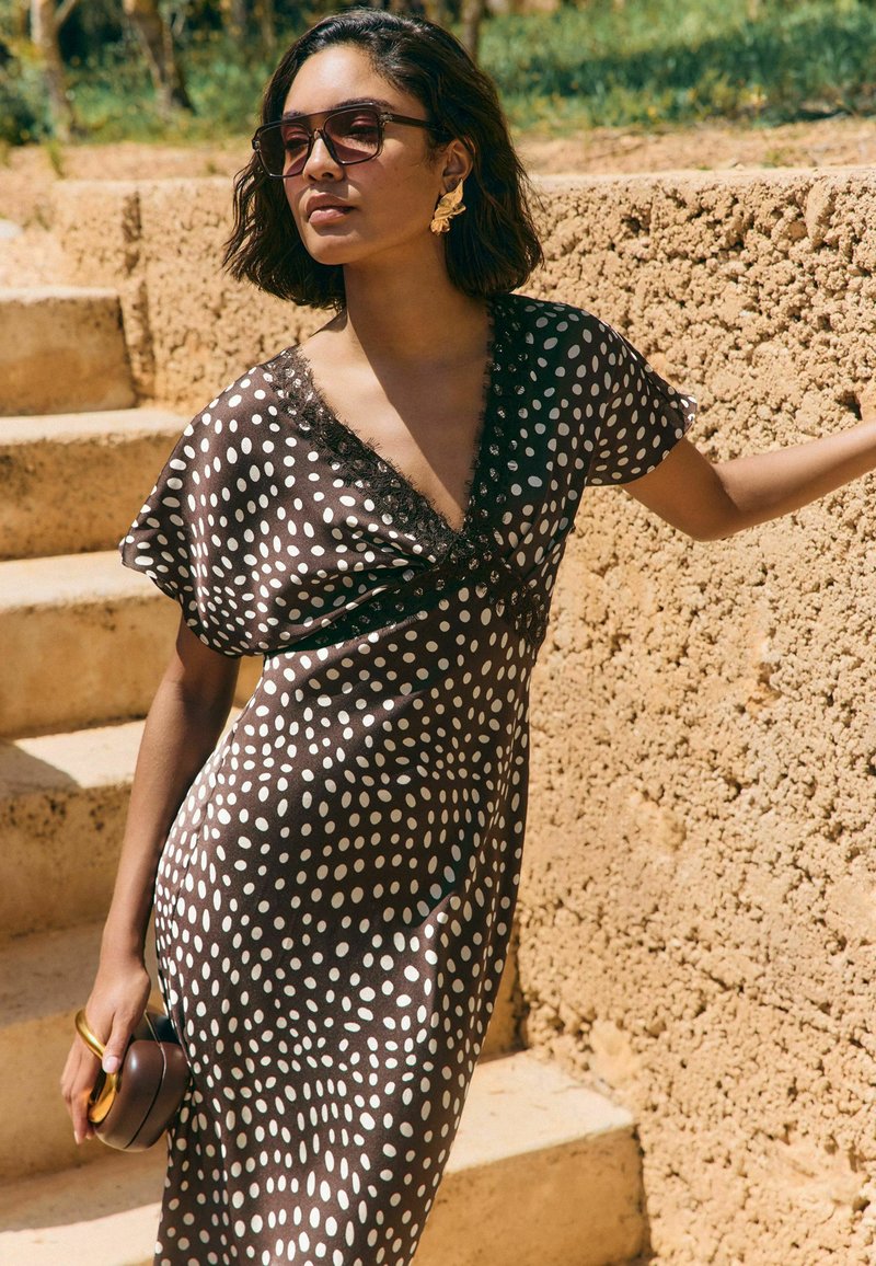 brown and cream polka dot dress Friends Like These REGULAR FIT - SATIN LACE TRIM BATWING MIDI - Day dress - cream/brown stretchy fit a line red dress MAGDA BUTRYM Light Blue Child  Size:child-4